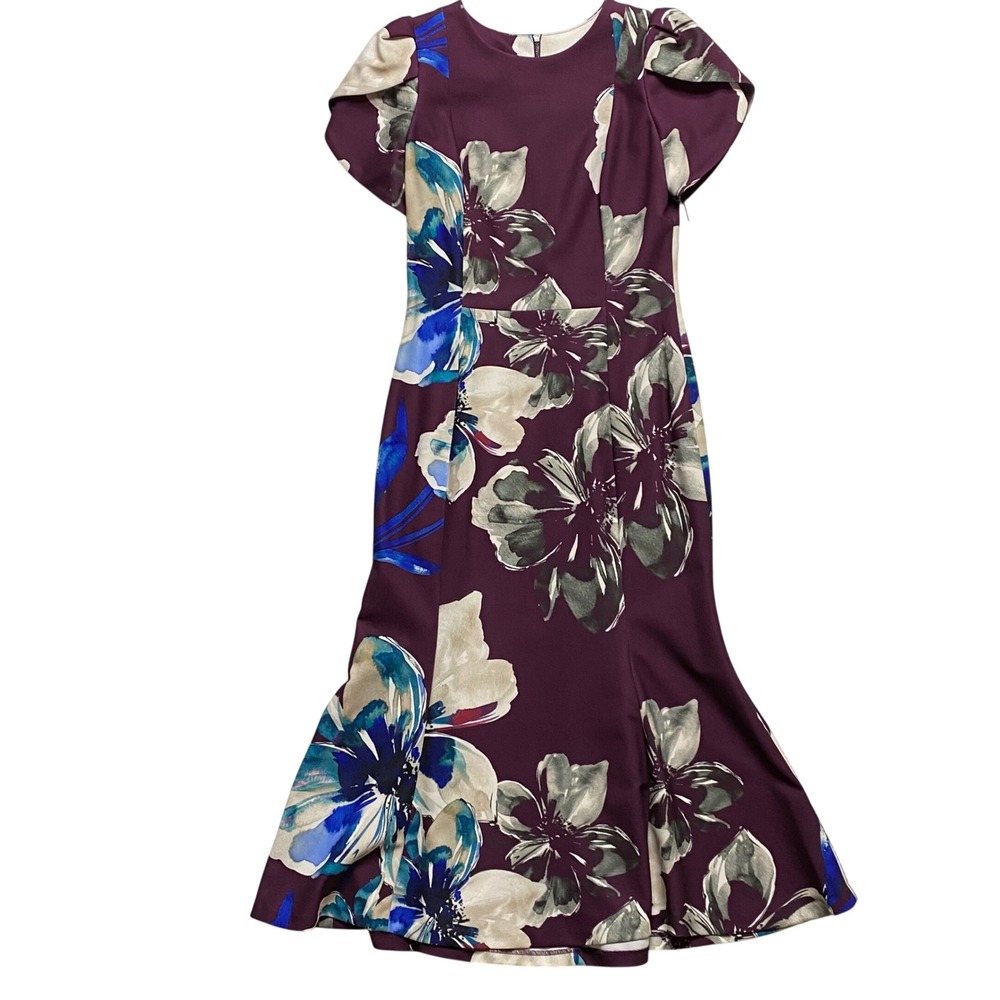 Calvin Klein $134 Plum Floral Petal Sleeve Midi Dress CD8CG1TC Size 6 NWT - Picture 2 of 8